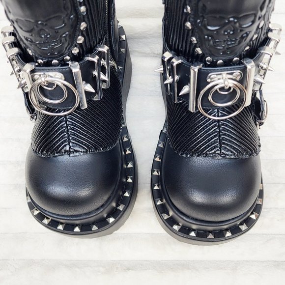 Stud & Skull Patch Black Matte Bear 150 Platform Ankle Boots Goth Punk Rave - Picture 11 of 15